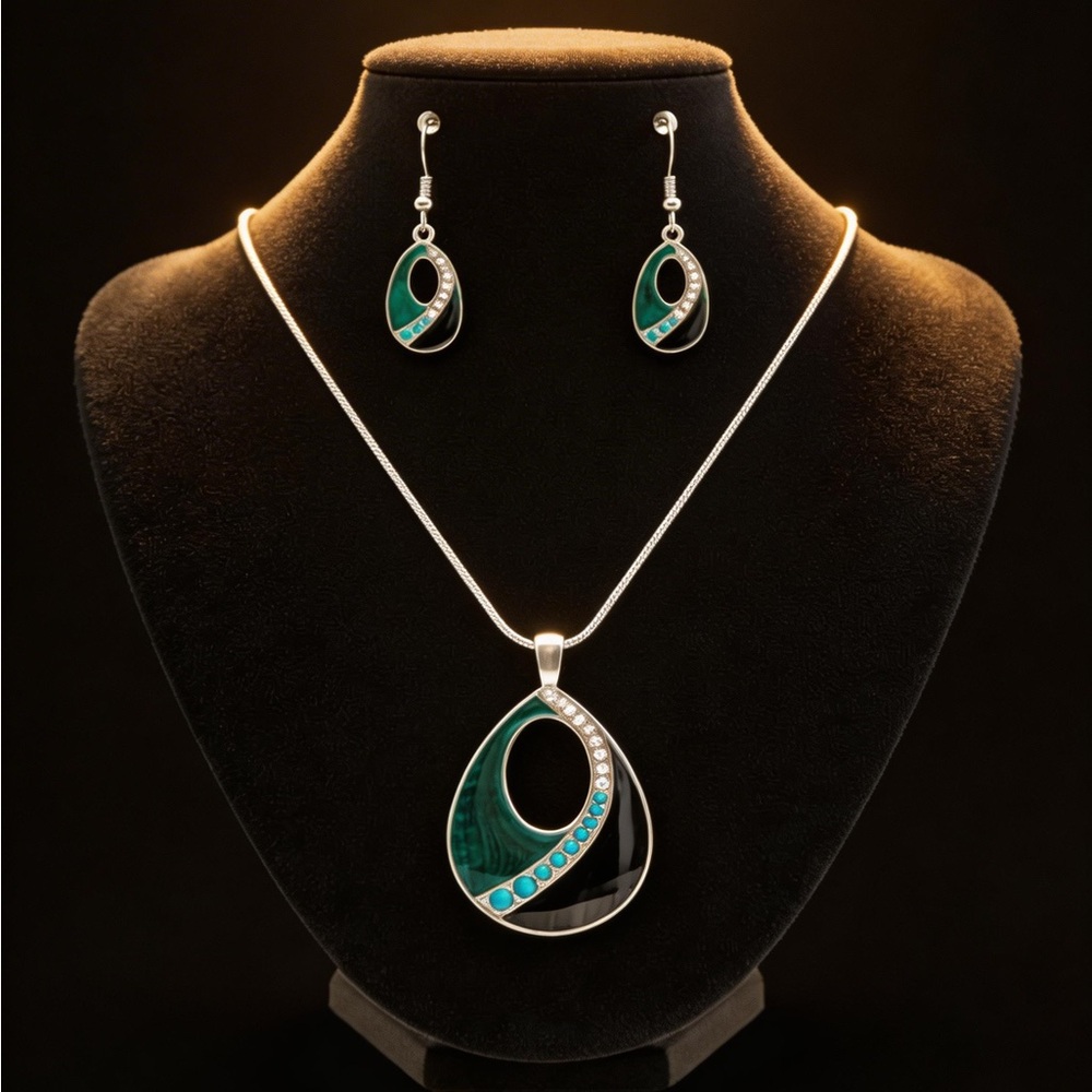 Blue & Green Enamel Swirl Cutout Teardrop Set – Silvertone w/Crystal Accents